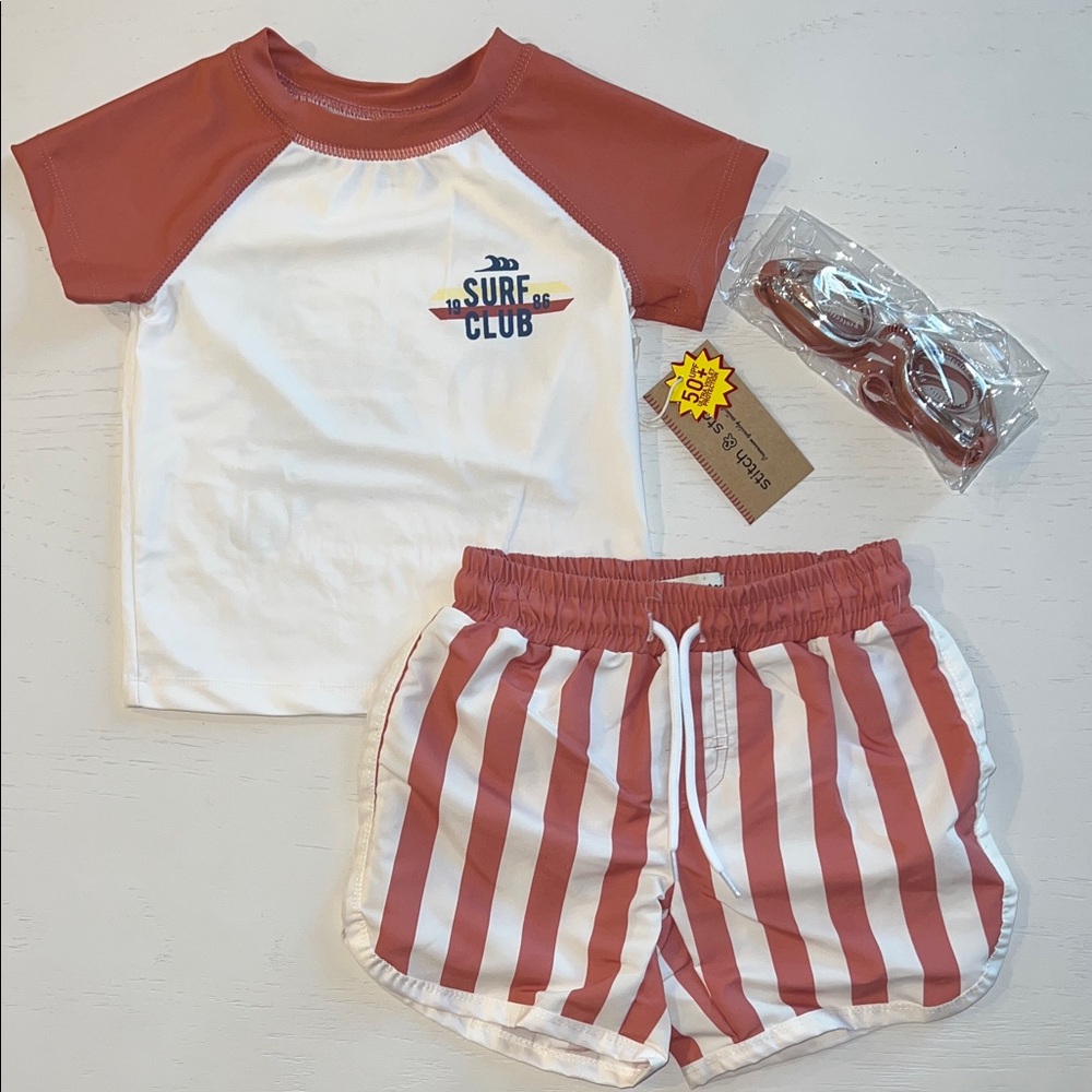 Stitch & Stone Toddler Boy Swim Trunks Rash Guard Set Goggles 4T Surf Jeep